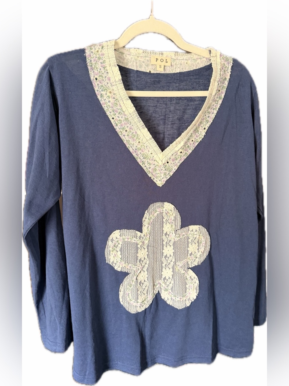 POL Navy Top with Cream Lace Floral Applique